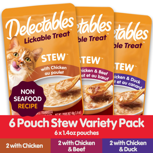 Delectables lickable cat treat. Variety pack. Non seafood recipe. Flavors include chicken, chicken & beef, chicken & duck. Hartz SKU# 3270050435