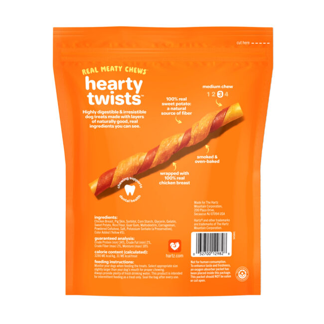 Hartz Real Meaty Chews Hearty Twists. Dog treats with chickens. Back of package.