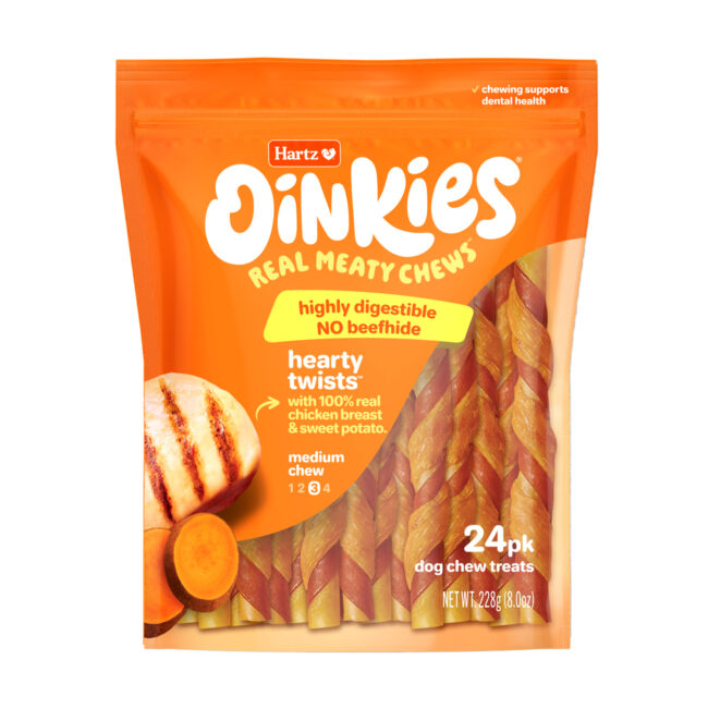 Oinkies Hearty Twists Dog Chew with real chicken. Hartz SKU# 3270012982