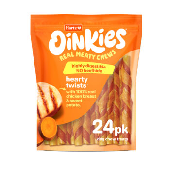 Oinkies Hearty Twists Dog Chew with real chicken. Hartz SKU# 3270012982