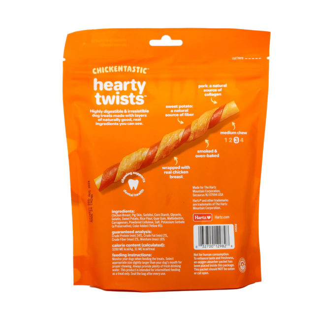 Oinkies Chickentastic Hearty Twists Dog Chews with real chicken breast & sweet potato. Hartz SKU# 3270012982