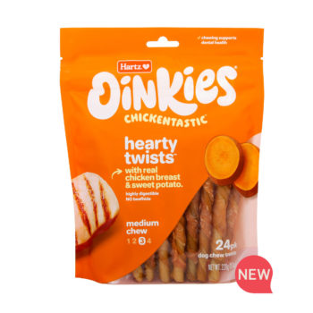New! Oinkies Chickentastic Hearty Twists Dog Chew with real chicken breast & sweet potato. Hartz SKU# 3270012982