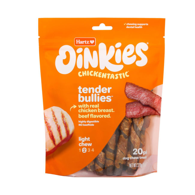 Oinkies Chickentastic Tender Bullies Dog Chew treat with real chicken breast. Beef flavored. Hartz SKU# 3270012983