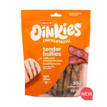 Oinkies Chickentastic Tender Bullies Dog Chew treat with real chicken breast. Beef flavored. Hartz SKU# 3270012983