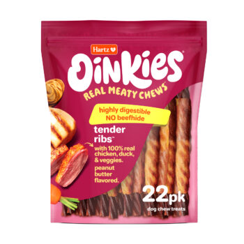 Oinkies Real Meaty Chews Tender Ribs Dog Chews with chicken, duck, & veggies. Peanut butter flavored. Hartz SKU# 3270012984