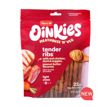 New! Oinkies Meathouse 'N' Veg Tender Ribs Dog Chews with chicken, duck, & veggies. Peanut butter flavored. Hartz SKU# 3270012984