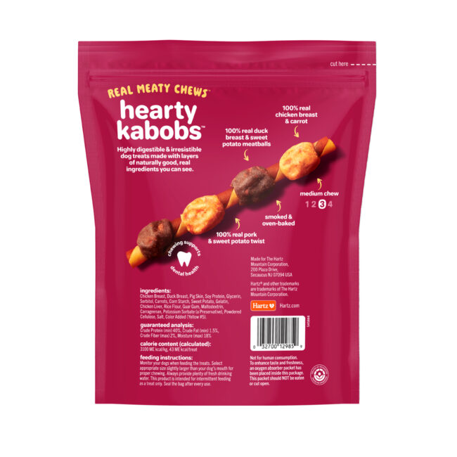Oinkies Meathouse 'N' Veg Hearty Kabobs medium dog chew with chicken, duck, carrot & sweet potato. Hartz SKU# 3270012985