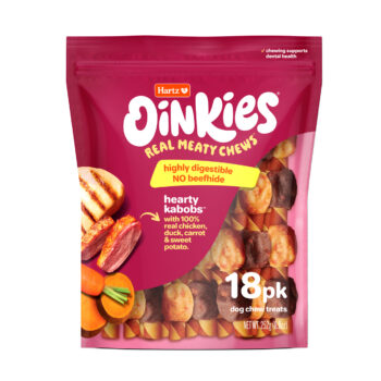 Oinkies Real Meaty Chews Hearty Kabobs dog treat with chicken, duck, carrot & sweet potato. Hartz SKU# 3270012985
