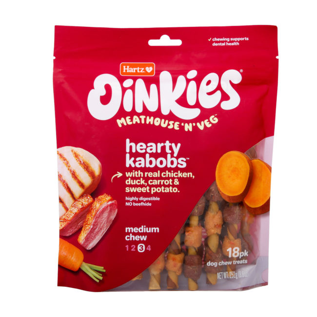 Oinkies Meathouse 'N' Veg Hearty Kabobs Dog Chew with chicken, duck, carrot & sweet potato. Hartz SKU# 3270012985