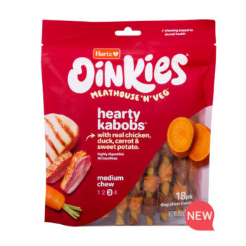 New! Oinkies Meathouse 'N' Veg Hearty Kabobs Dog Chew with chicken, duck, carrot & sweet potato. Hartz SKU# 3270012985