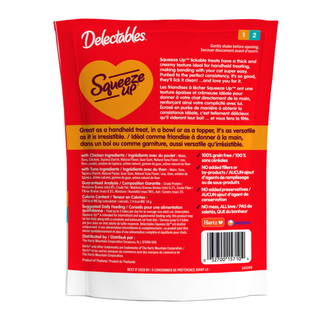 Delectables Squeeze Up 10 count variety pack. Back of package. Hartz SKU# 3270015710