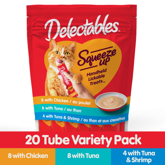 Delectables squeeze up cat treat. Chicken, Tuna and Tuna & Shrimp lickable cat treats. Hartz SKU# 3270050426