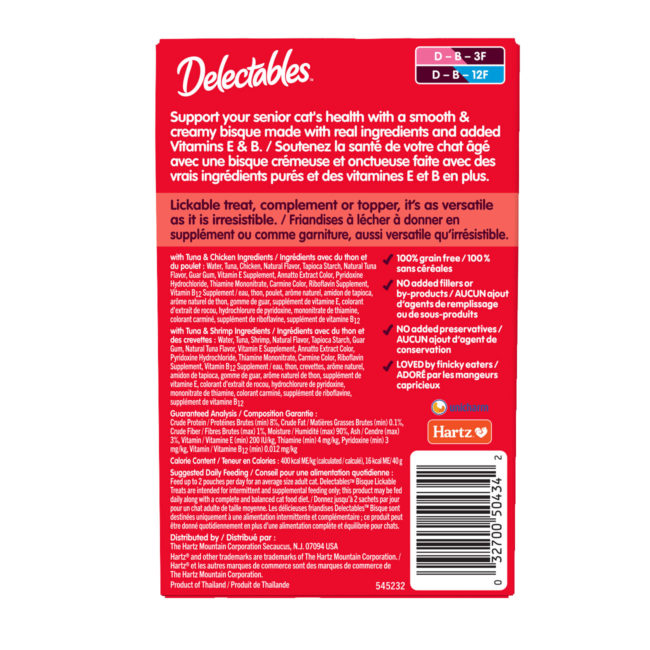 Delectables Lickable Treat. A wet cat treat in a bisque texture. Back of package. Hartz SKU# 3270015490
