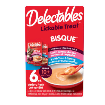 Delectables Lickable Treat. A wet cat treat with real chicken and fish in a bisque texture. Hartz SKU# 3270050434
