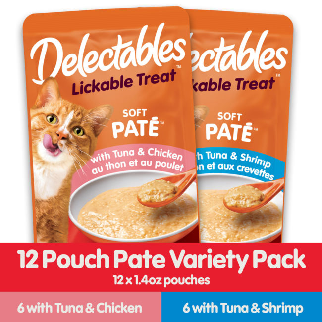 Delectables Lickable Treat. A wet cat treat with real chicken & fish in a soft pate texture. Available in a 12 count variety package. Hartz SKU# 3270050529