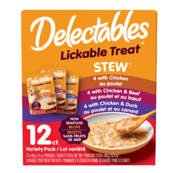 Delectables Lickable Treat. Non seafood recipe stew. A lickable treat with real chicken. Hartz SKU# 3270050530