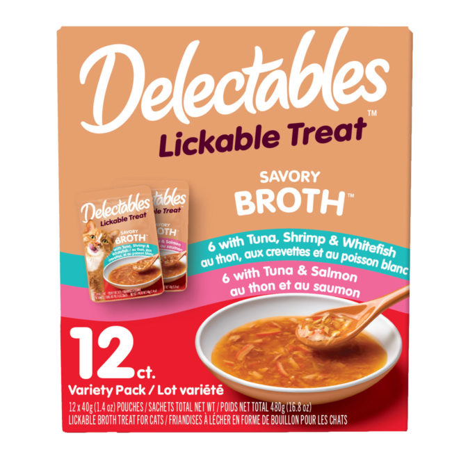 Delectables Lickable Treat. A wet cat treat with real fish in a savory broth texture. Hartz SKU# 3270050531
