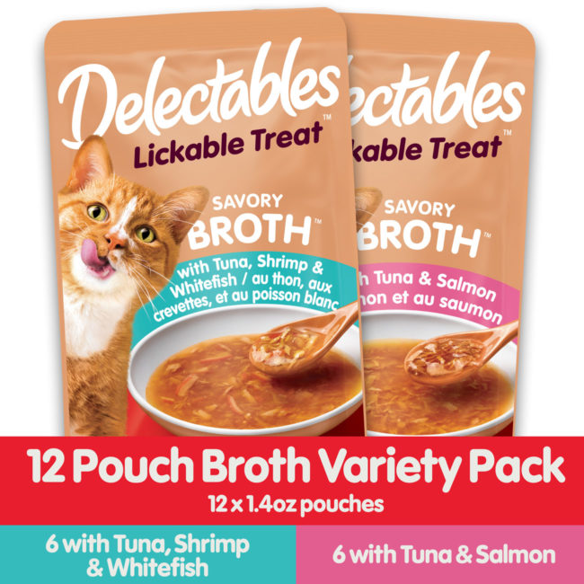 Delectables Lickable Treat. A wet cat treat with real fish in a savory broth texture. Available in a 12 count variety package. Hartz SKU# 3270050531