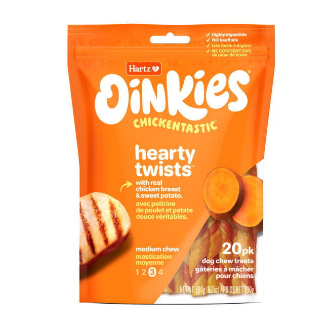 Oinkies Chickentastic Hearty Twists Dog Chew with chicken, duck, carrot & sweet potato. Hartz SKU# 3270050535