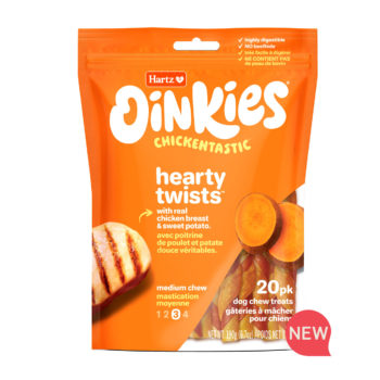 New! Oinkies Chickentastic Hearty Twists Dog Chew with chicken, duck, carrot & sweet potato. Hartz SKU# 3270050535