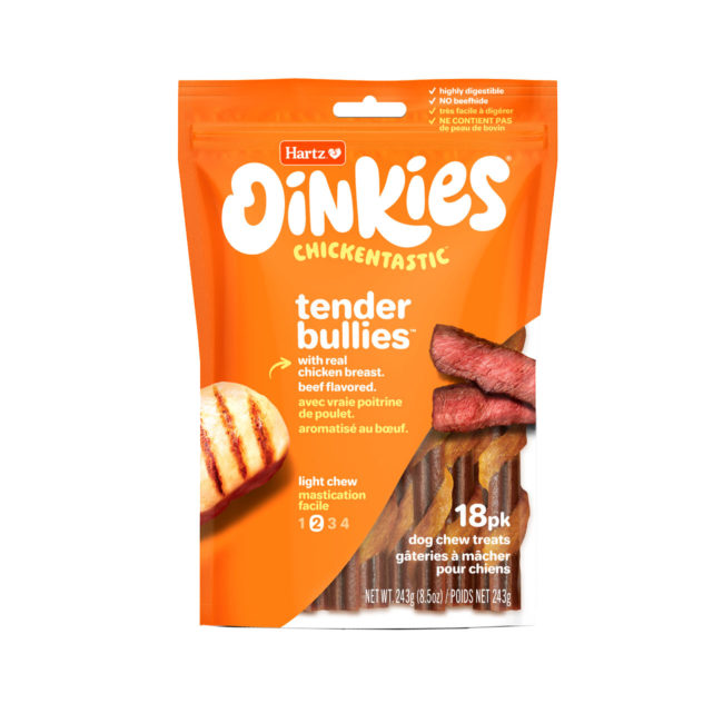Oinkies Chickentastic Tender Bullies Dog Chew treat with real chicken breast & sweet potato. Hartz SKU# 3270050536