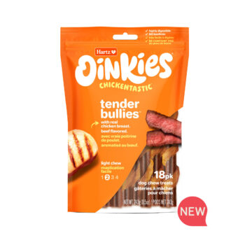 New! Oinkies Chickentastic Tender Bullies Dog Chew treat with real chicken breast & sweet potato. Hartz SKU# 3270050536