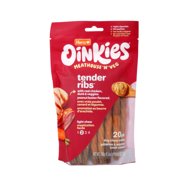 Oinkies Meathouse 'N' Veg Tender Ribs. Peanut butter flavored dog chews with chicken, duck, & veggies. Hartz SKU# 3270050537