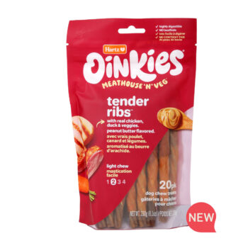 New! Oinkies Meathouse 'N' Veg Tender Ribs. Peanut butter flavored dog chews with chicken, duck, & veggies.