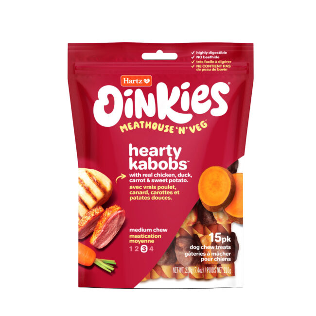 Oinkies Meathouse 'N' Veg Hearty Kabobs Dog Chew with chicken, duck, carrot & sweet potato. Hartz SKU#3270050833