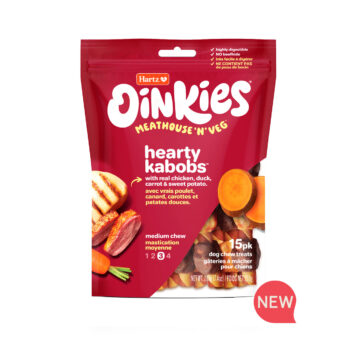New! Oinkies Meathouse 'N' Veg Hearty Kabobs Dog Chew with chicken, duck, carrot & sweet potato. Hartz SKU#3270050833