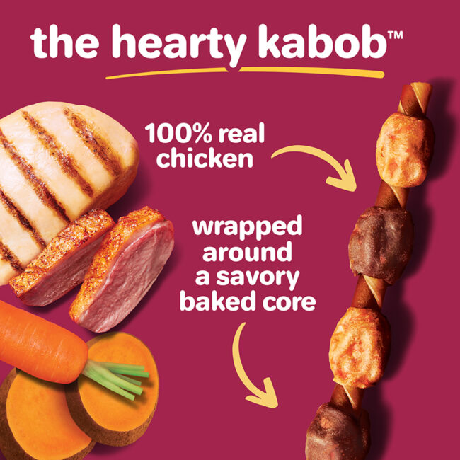 Hartz Oinkies Hearty Kabobs, with 100% real chicken. Wrapped around a savory baked core.