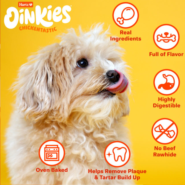 Oinkies Chickentastic dog chew treat contains real ingredients, are highly digestible and help remove plaque & tartar.