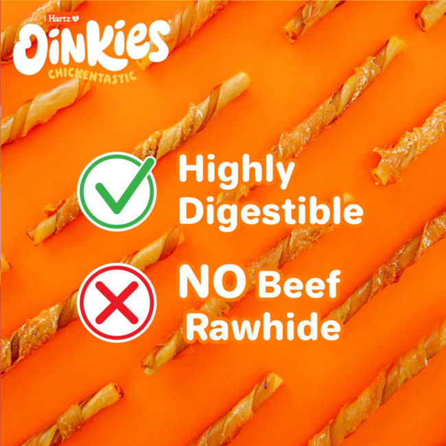 Oinkies Chickentastic Hearty Twists are highly digestible and contain no beef rawhide.