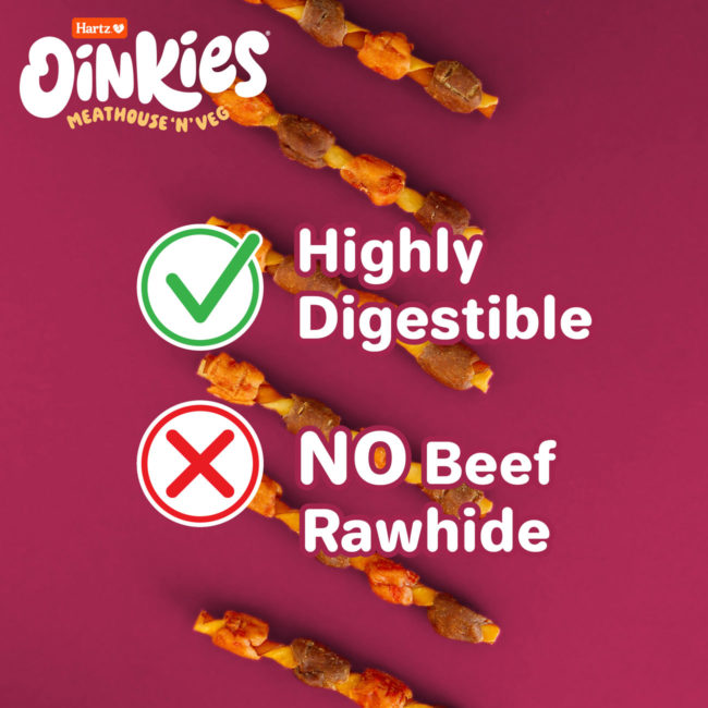 Oinkies Meathouse 'N' Veg Hearty Kabobs are highly digestible and contain no beef rawhide.