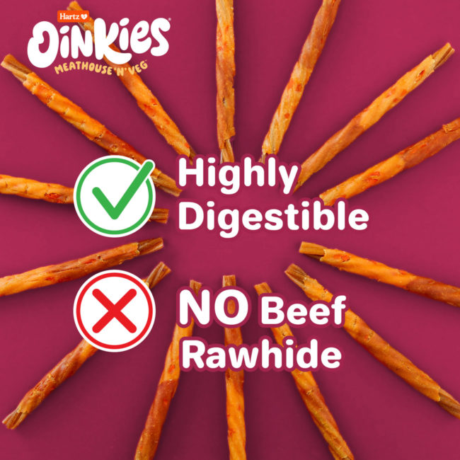 Oinkies Meathouse 'N' Veg. Highly digestible. No beef rawhide.