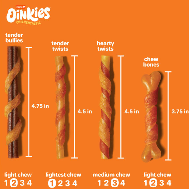 Oinkies Chickentastic Dog Chews come in light chew and medium chew varieties.