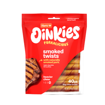 Hartz Oinkies Porkalicious smoked twists pork dog treat. 40 pack.