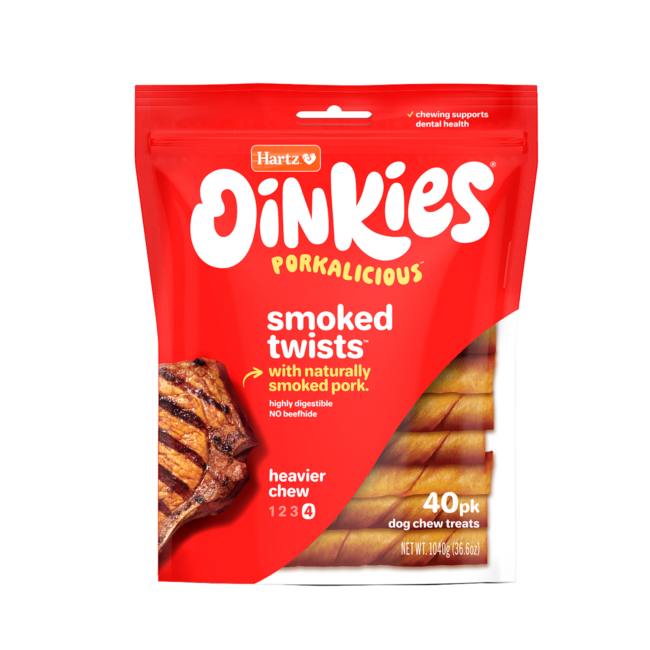 Hartz Oinkies Porkalicious smoked twists pork dog treat. 40 pack.