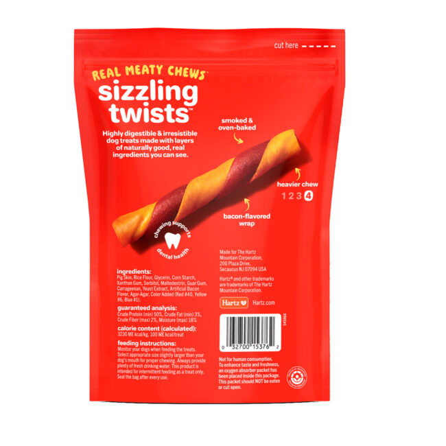 Hartz Oinkies Porkalicious dog treats. Sizzling twists. Back of package. Hartz SKU# 3270015376.