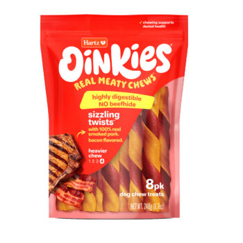 Hartz Oinkies Porkalicious sizzling twists pork dog treat.