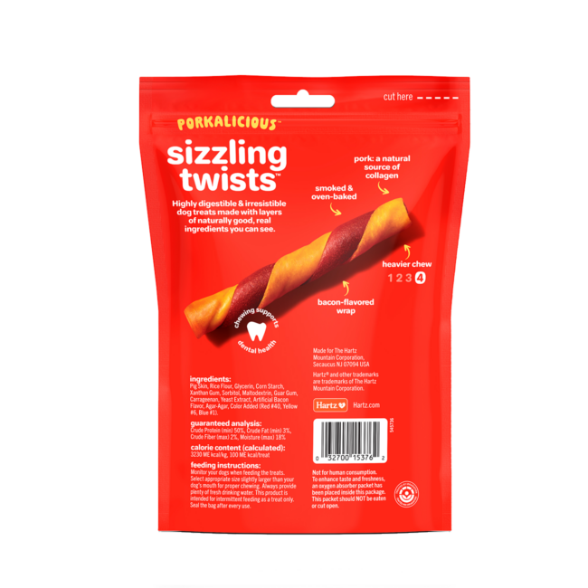 Hartz Oinkies Porkalicious dog treats. Sizzling twists. Back of package. Hartz SKU# 3270015376.
