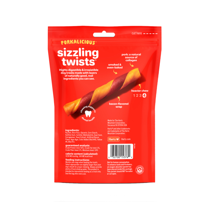 Hartz Oinkies Porkalicious dog treats. Sizzling twists. Back of package. Hartz SKU# 3270015376.