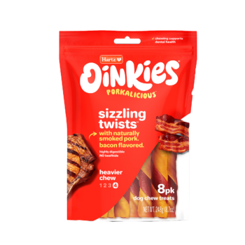 Hartz Oinkies Porkalicious sizzling twists pork dog treat.