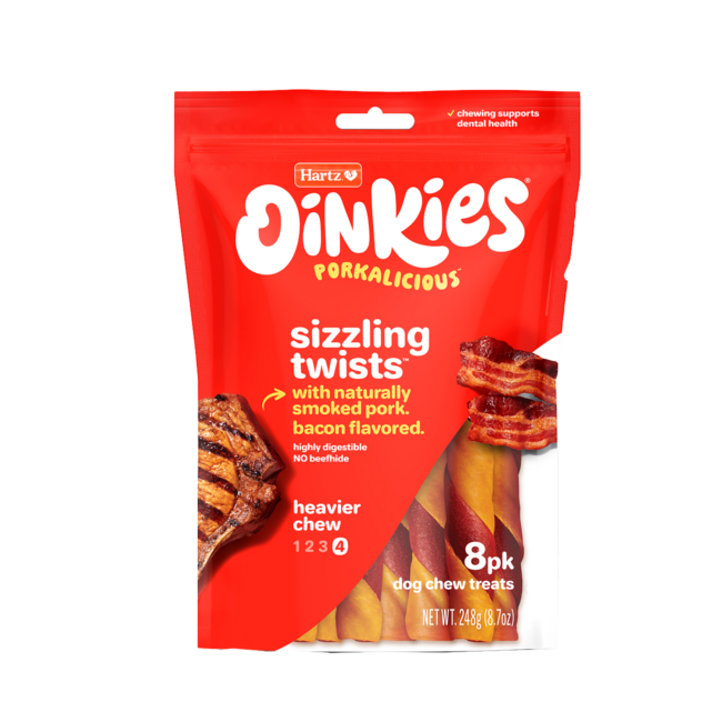 Hartz Oinkies Porkalicious sizzling twists pork dog treat.