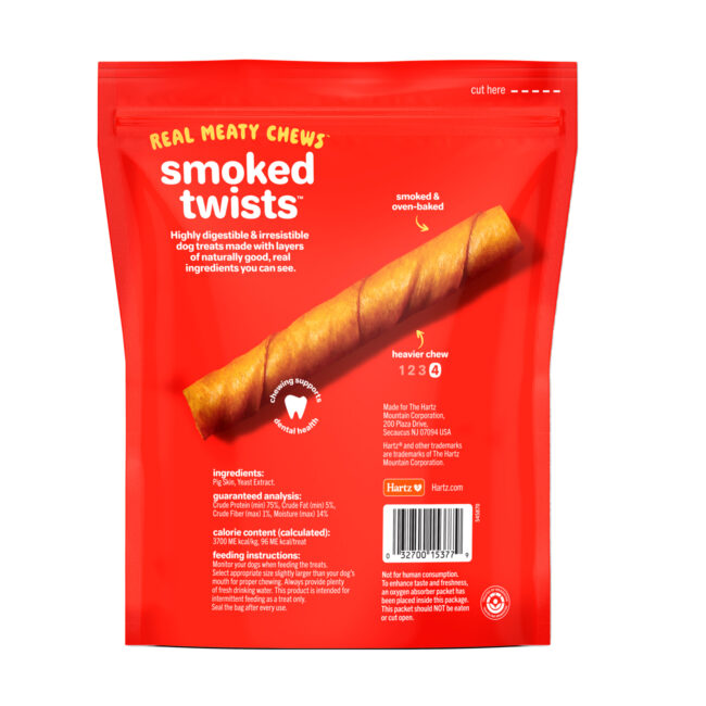 Hartz Oinkies smoked twists dog treat, 20 pack. Back of package. Hartz SKU# 3270015377