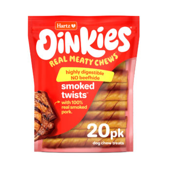 Hartz Oinkies Real Meaty Chews smoked twists dog treat, 20 pack.