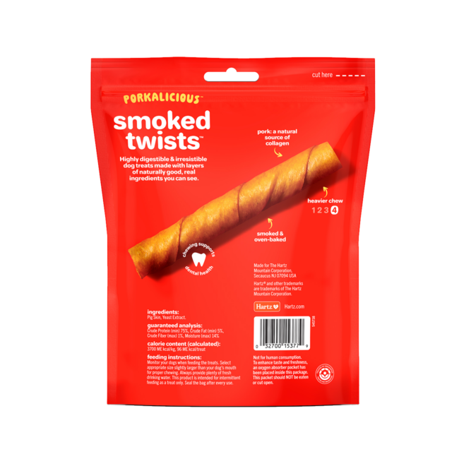 Hartz Oinkies Porkalicious smoked twists pork dog treat, 20 pack. Back of package. Hartz SKU# 3270015377