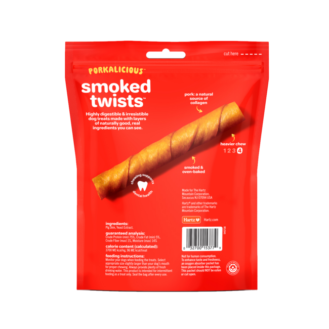 Hartz Oinkies Porkalicious smoked twists pork dog treat, 20 pack. Back of package. Hartz SKU# 3270015377