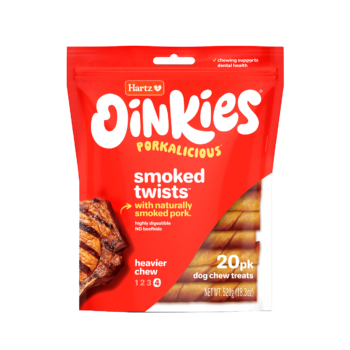 Hartz Oinkies Porkalicious smoked twists pork dog treat, 20 pack.