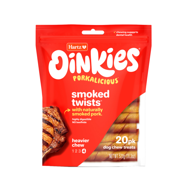 Hartz Oinkies Porkalicious smoked twists pork dog treat, 20 pack.